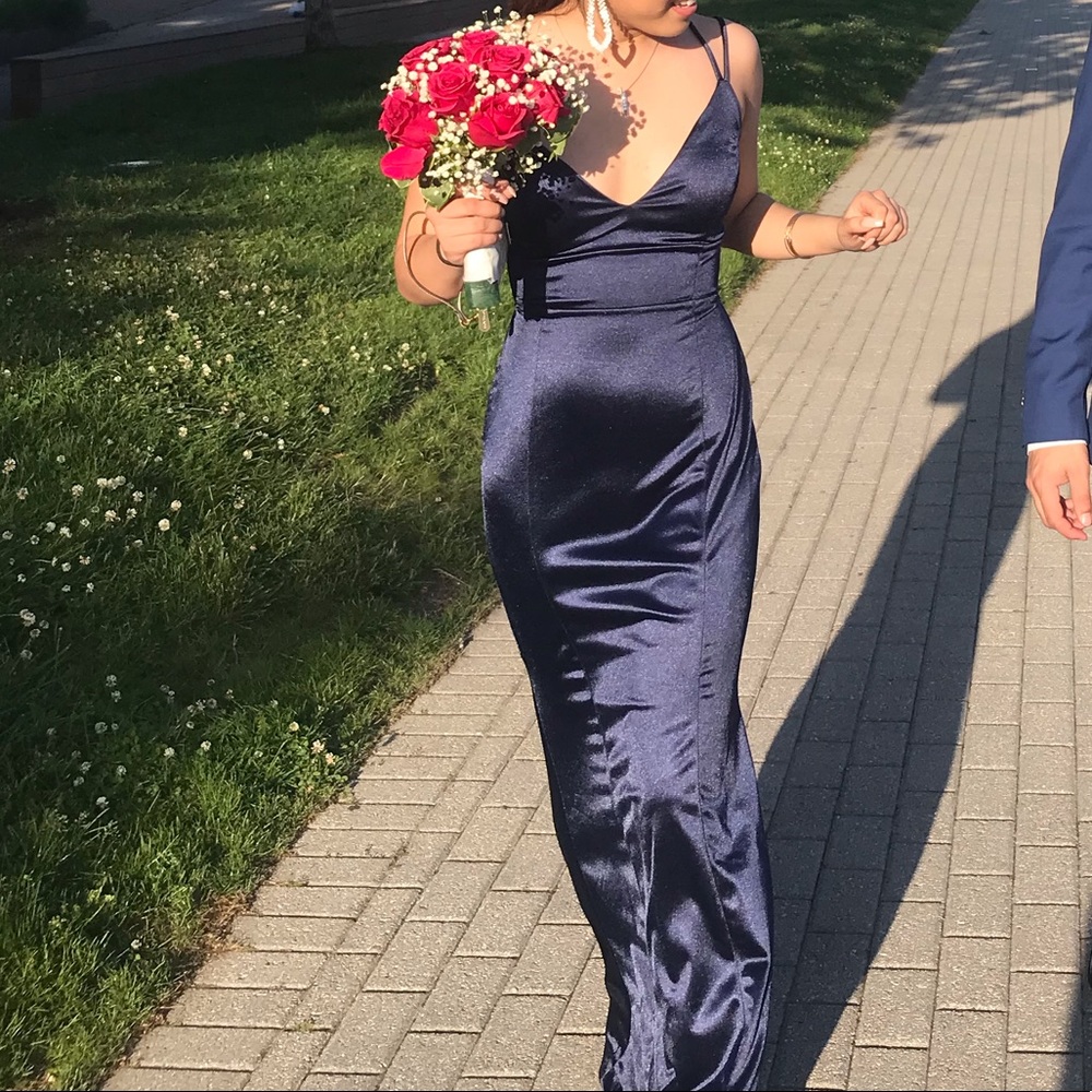 navy silk prom dress